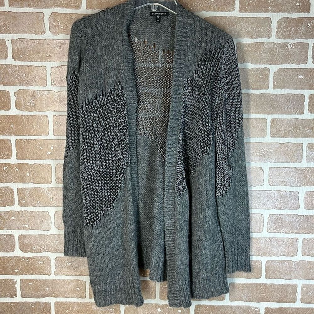 Eileen Fisher alpaca wool and open knit cardigan sweater XS Gray